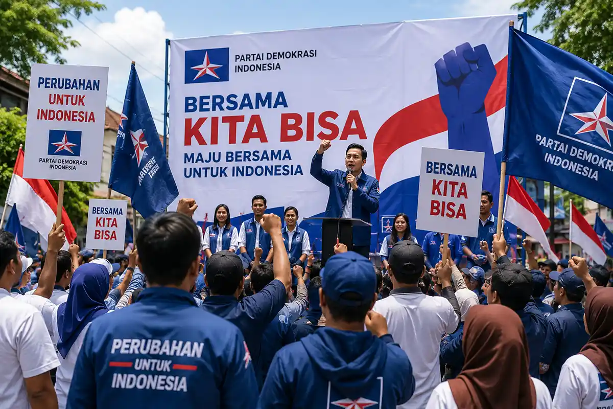 Ilustrasi suasana orasi politik di depan simpatisan parpol yang membawa bendera dan poster sebagai bentuk partisipasi warga negara.