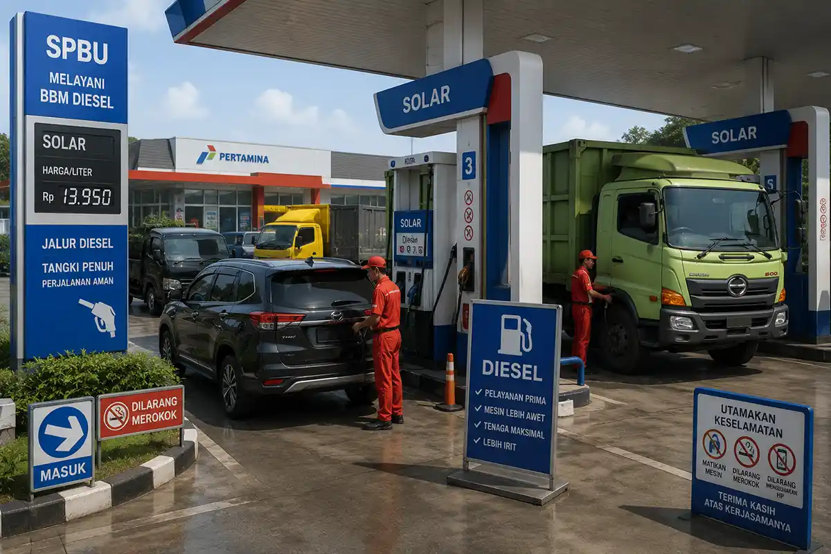 Ilustrasi aktivitas kendaraan di area SPBU yang menyediakan layanan pengisian BBM diesel.