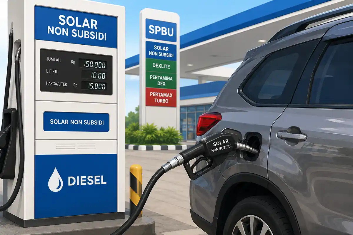 Ilustrasi pengisian BBM diesel non subsidi oleh kendaraan di stasiun pengisian bahan bakar umum.