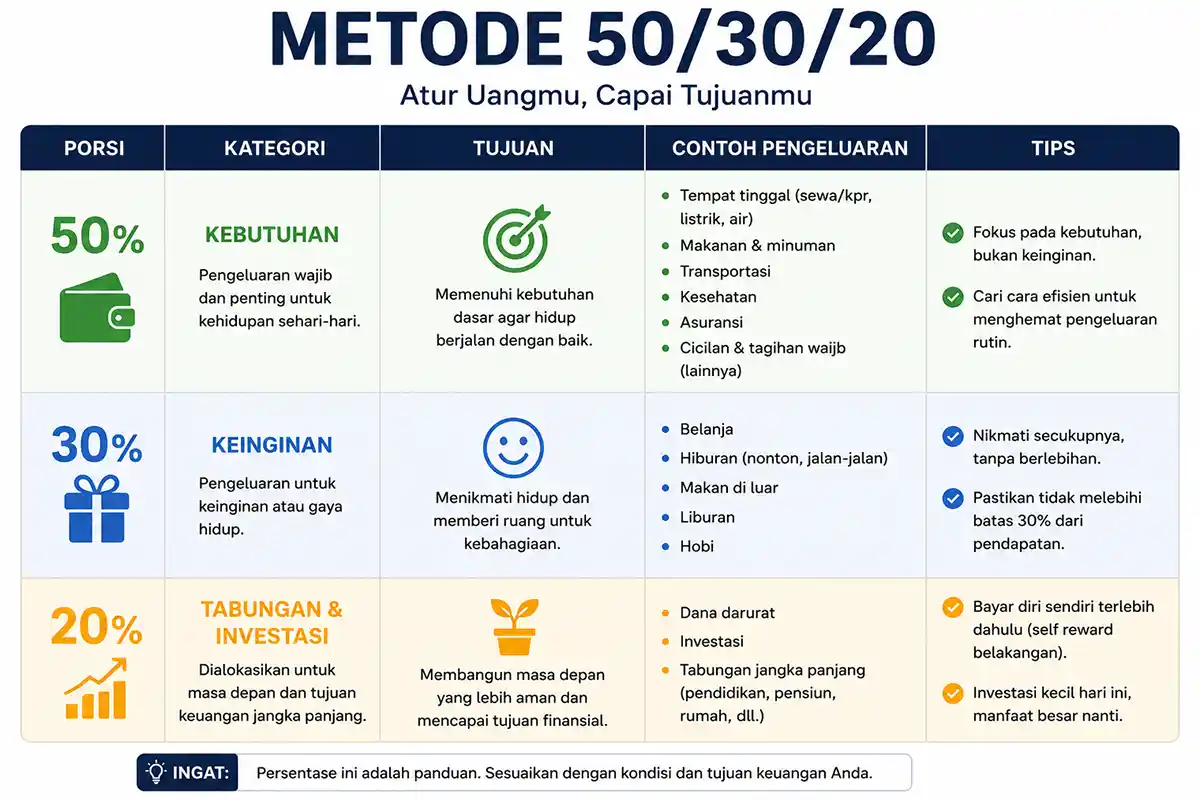 Infografis metode 50/30/20 yang menjelaskan alokasi anggaran keuangan pribadi secara sederhana