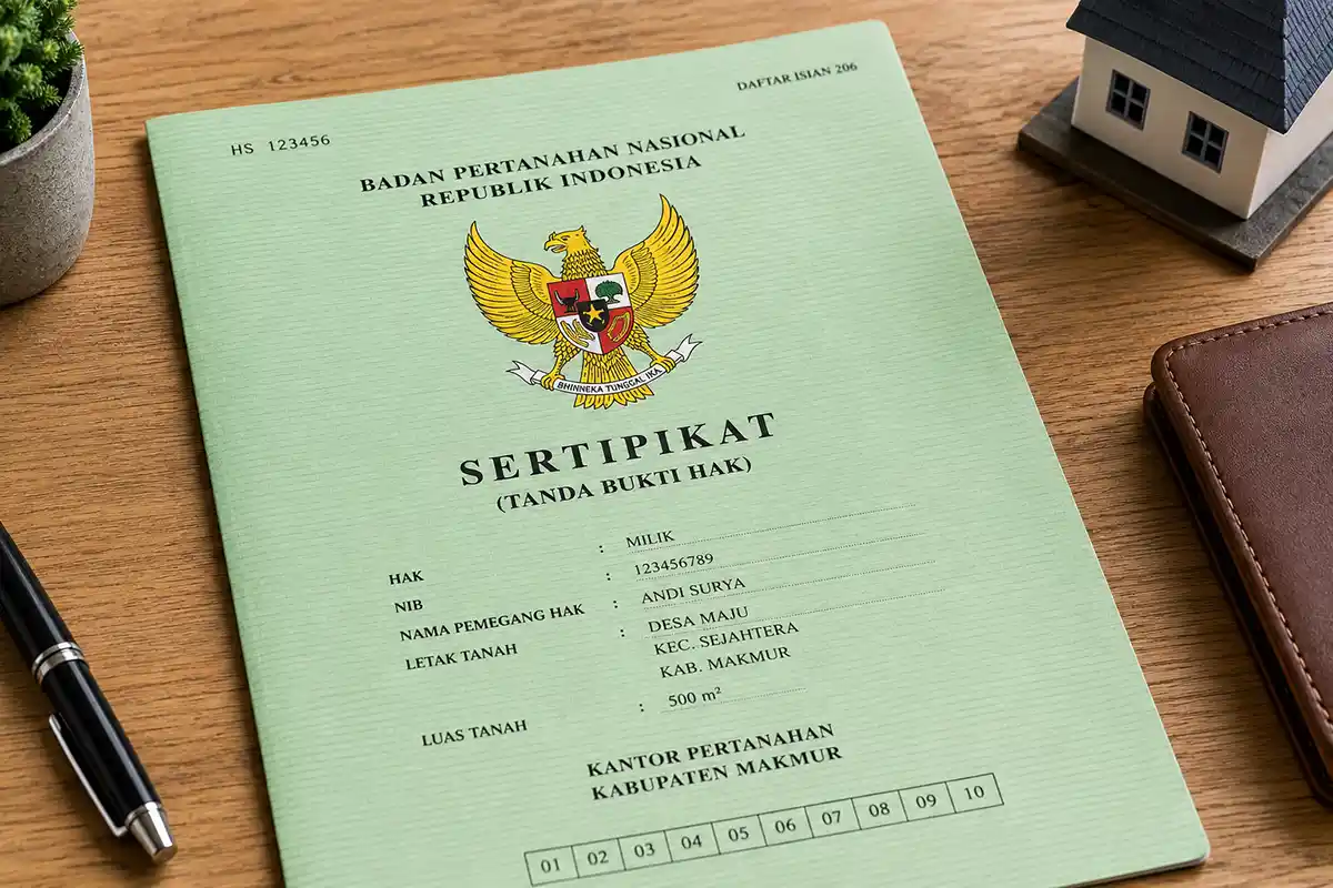 Ilustrasi sertifikat tanah Hak Milik dari Badan Pertahanan Nasional sebagai dokumen bukti kepemilikan lahan yang sah.