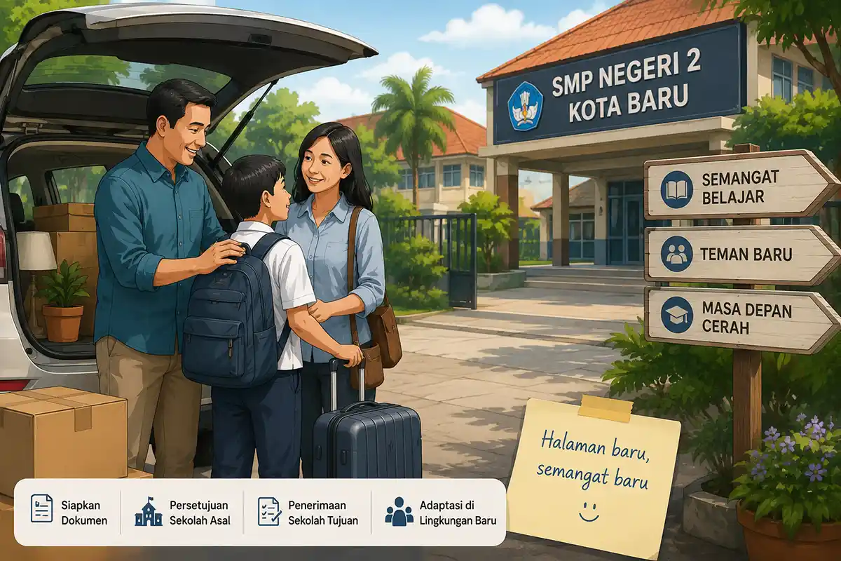 Ilustrasi keluarga mengantar siswa ke sekolah baru setelah pindah sekolah