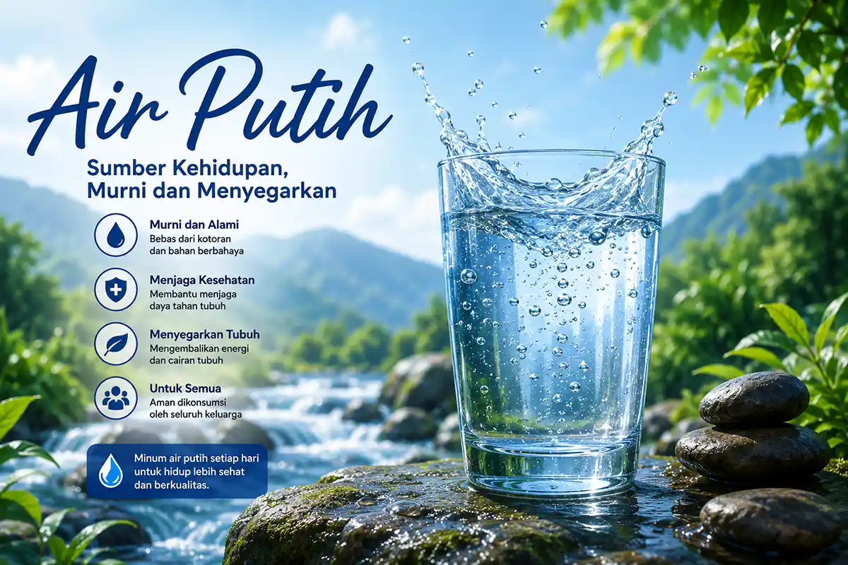 Infografis segelas air putih segar di alam bebas lengkap dengan daftar manfaat minum air putih untuk kesehatan.