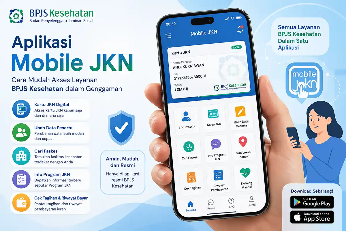 Tampilan aplikasi Mobile JKN BPJS Kesehatan di layar smartphone untuk pengurusan layanan digital.