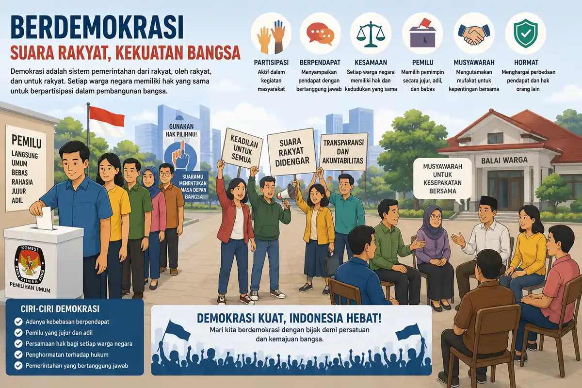 Infografis ciri-ciri dan prinsip berdemokrasi di Indonesia meliputi partisipasi rakyat, Pemilu jujur adil, dan musyawarah mufakat.