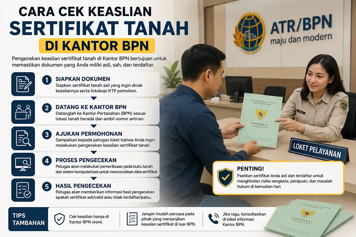 Infografis 5 langkah prosedur cara cek keaslian sertifikat tanah di kantor BPN beserta tips tambahannya.