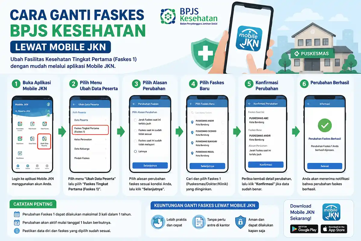 Infografis 6 langkah mudah cara ganti faskes BPJS Kesehatan secara online lewat aplikasi Mobile JKN.