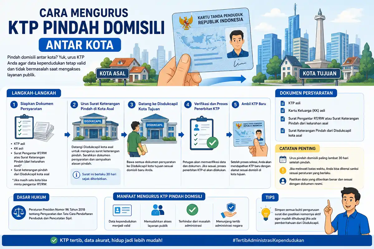 Infografis alur 5 langkah cara mengurus KTP pindah domisili antar kota beserta dokumen persyaratan dan dasar hukumnya.