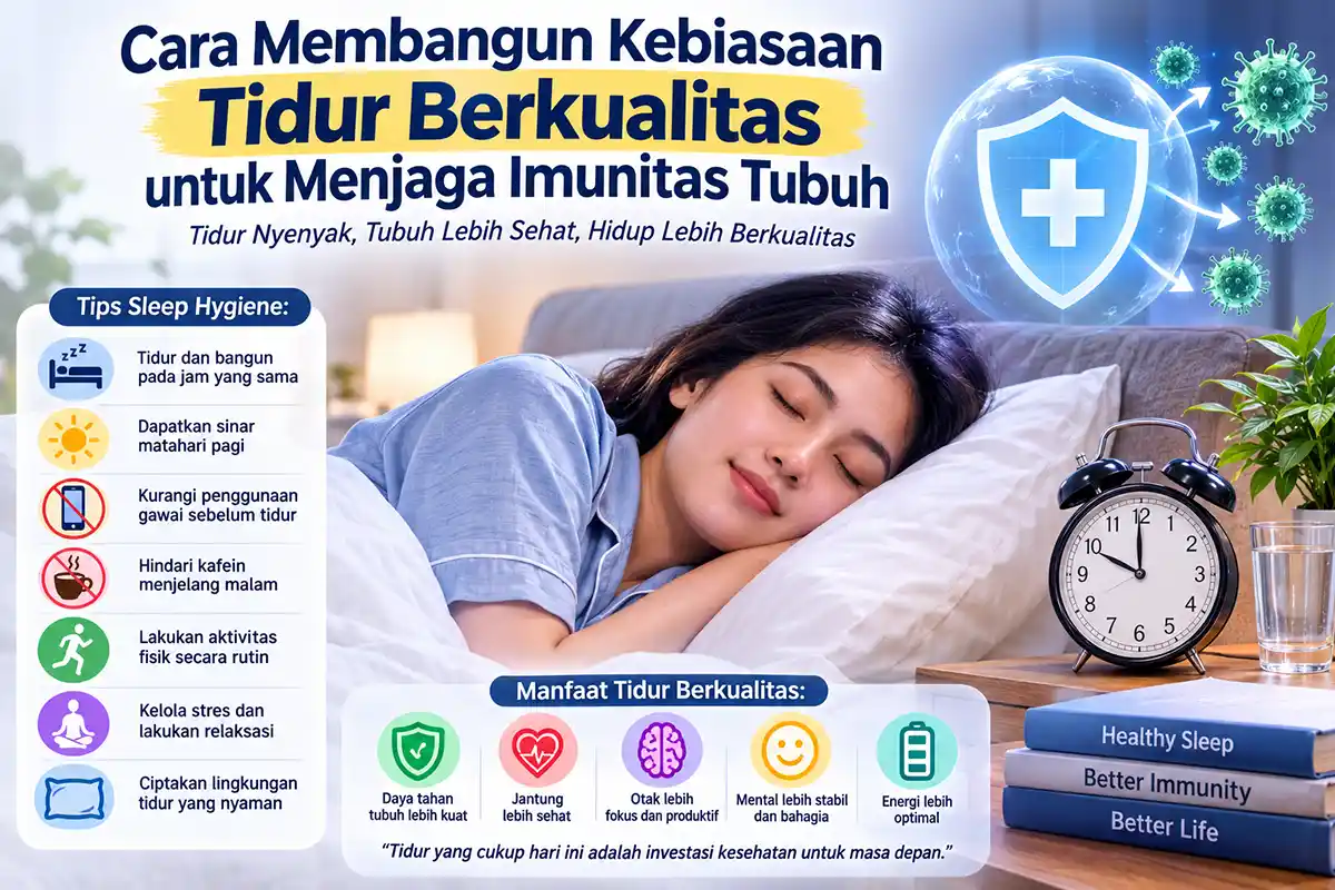 Infografis tips sleep hygiene dan manfaat tidur berkualitas bagi daya tahan atau imunitas tubuh.