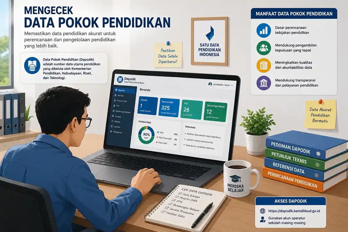 Seorang pria sedang mengakses dasbor sistem Data Pokok Pendidikan Dapodik Kemendikbud di laptop.