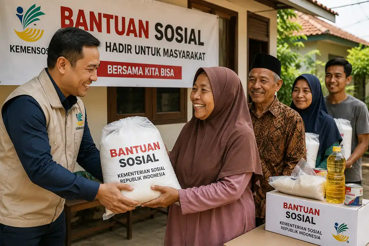 Petugas menyalurkan bantuan sosial paket sembako Kemensos kepada warga penerima manfaat.