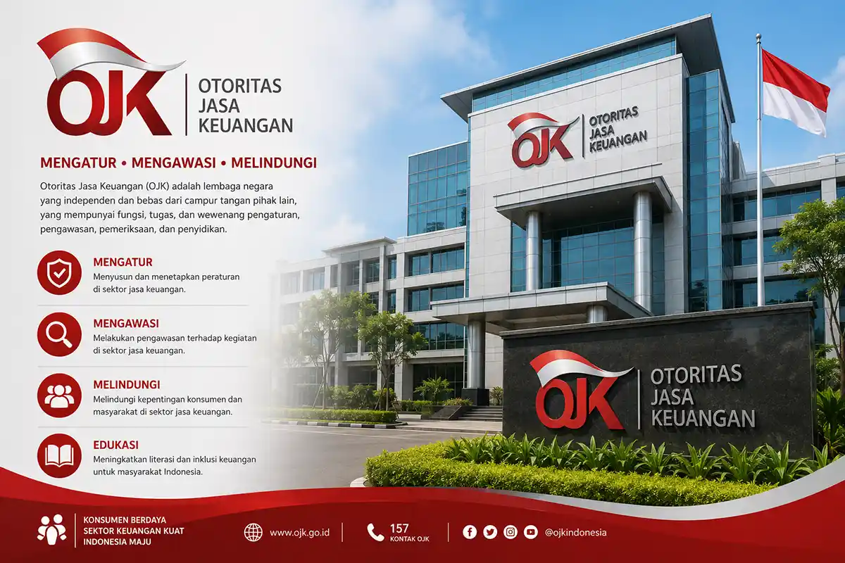 Infografis tugas dan fungsi Otoritas Jasa Keuangan OJK dalam mengatur, mengawasi, dan melindungi sektor jasa keuangan Indonesia.