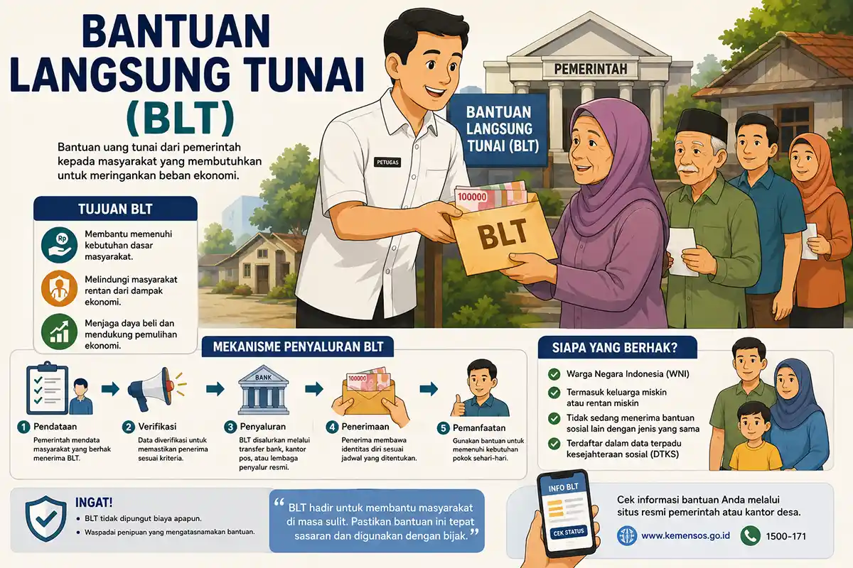 Infografis alur 5 langkah mekanisme penyaluran BLT dari pemerintah beserta syarat penerima dan tujuan bantuan.