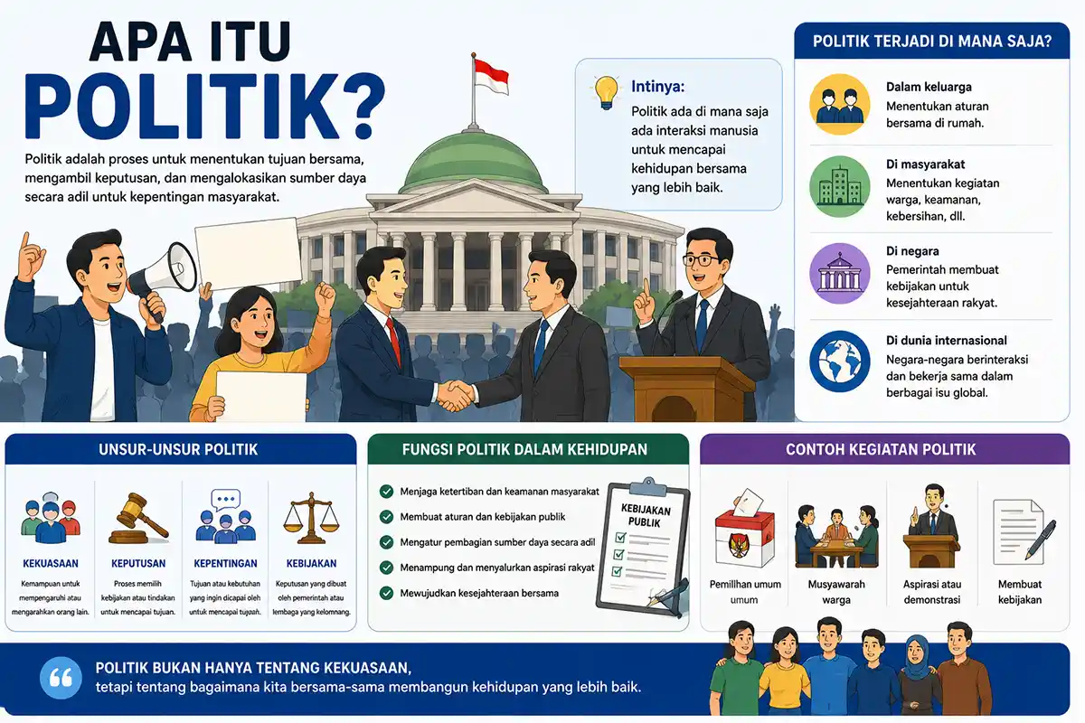 Infografis edukasi mengenai apa itu politik, unsur-unsur, fungsi dalam kehidupan, beserta contoh kegiatannya.
