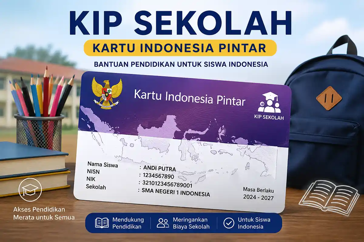 Tampilan fisik Kartu Indonesia Pintar KIP Sekolah di atas meja belajar sebagai program bantuan pendidikan pemerintah.
