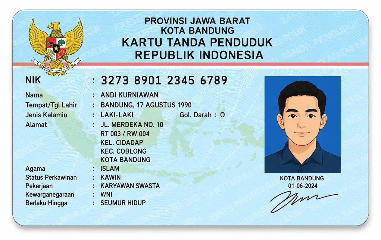 Ilustrasi contoh Kartu Tanda Penduduk KTP elektronik Kota Bandung Provinsi Jawa Barat.
