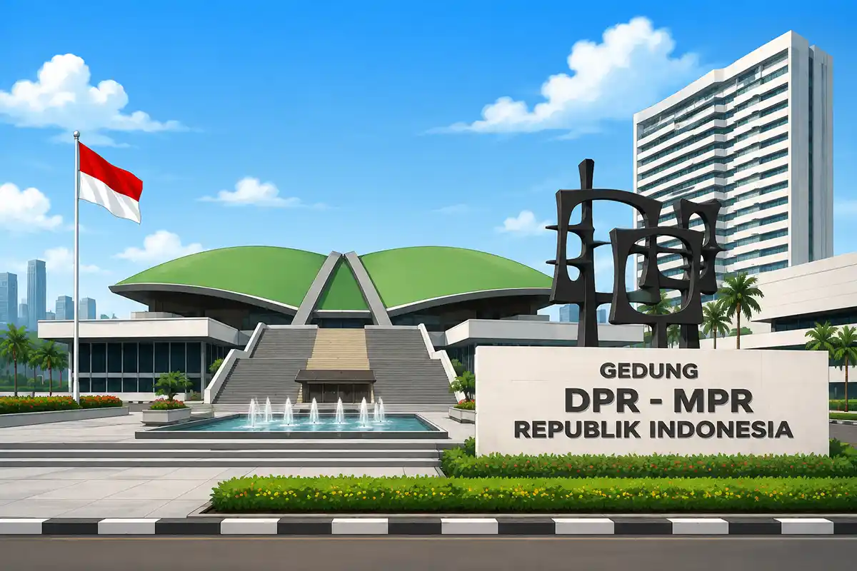 Kompleks Gedung DPR MPR RI Senayan Jakarta dengan bendera Merah Putih berkibar di halaman depan.