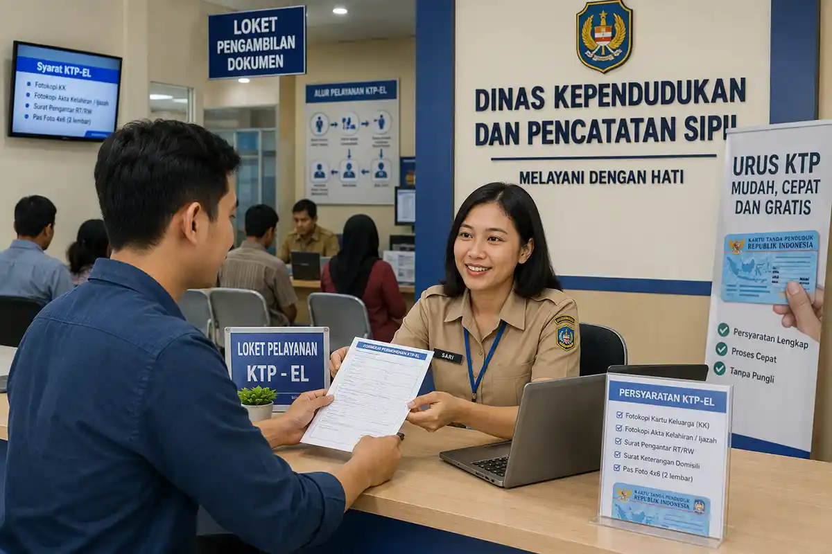 Seorang warga sedang mengurus administrasi kependudukan di loket pelayanan Dinas Kependudukan dan Pencatatan Sipil.