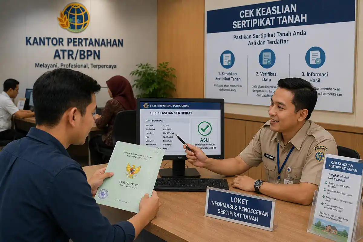 Warga sedang berkonsultasi dengan petugas di loket pelayanan kantor pertanahan ATR/BPN untuk mengecek keaslian sertifikat tanah.