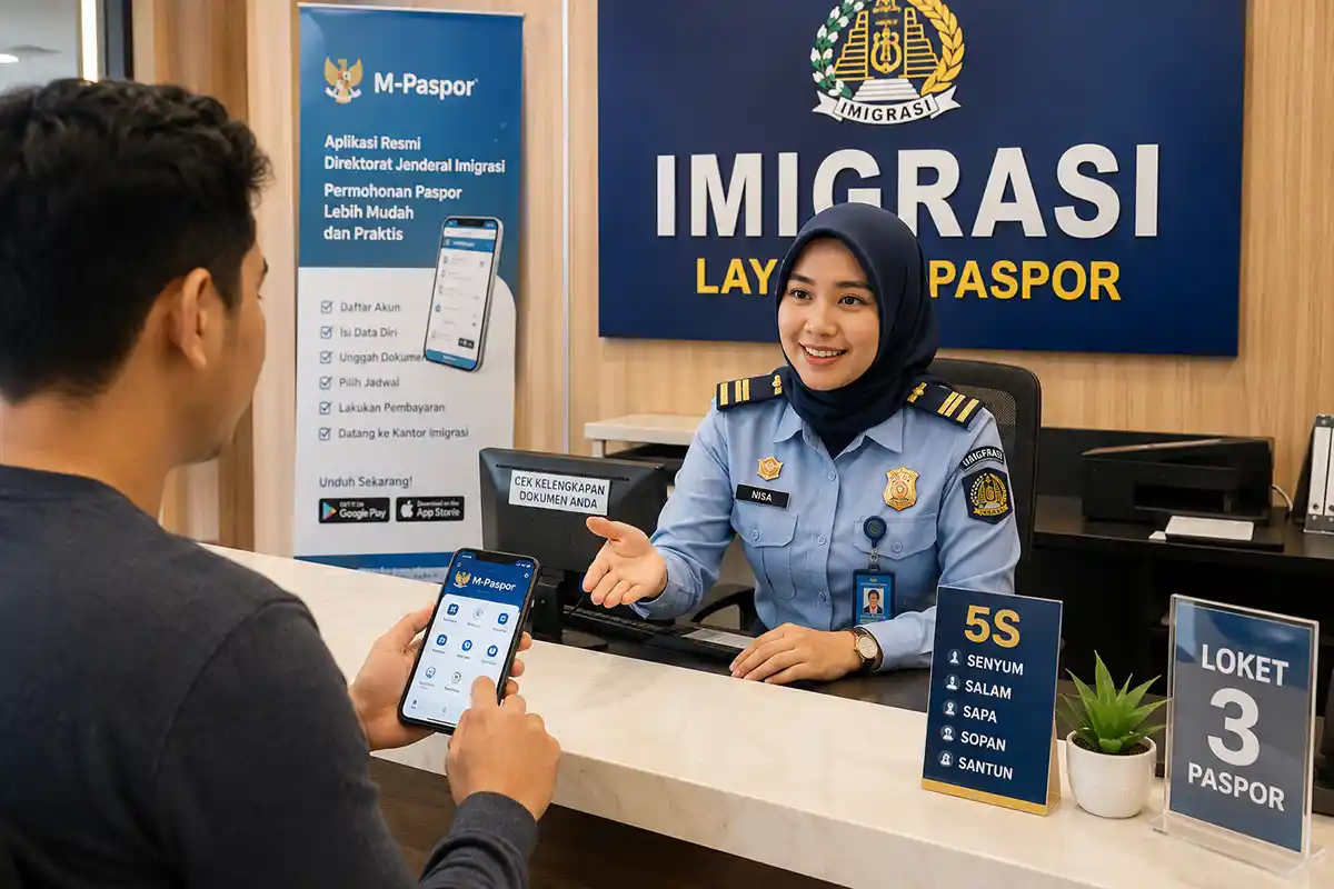 Ilustrasi pelayanan permohonan paspor di loket kantor imigrasi yang menggunakan aplikasi online M-Paspor.