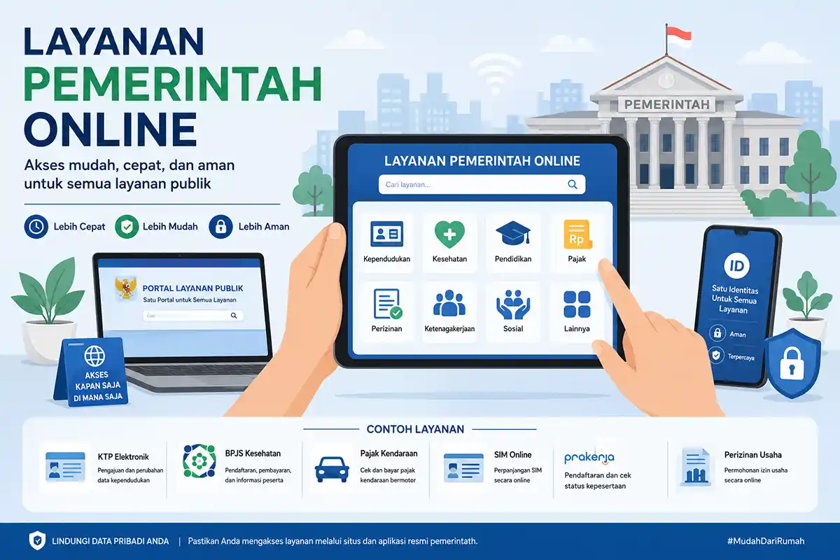 Ilustrasi mengakses portal layanan publik pemerintah secara online menggunakan tablet dan smartphone.