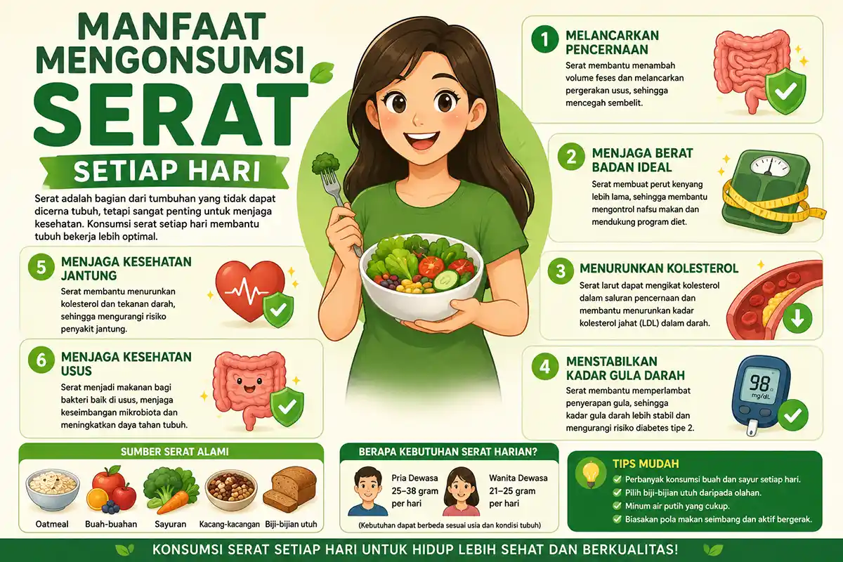 Infografis manfaat mengonsumsi serat setiap hari untuk kesehatan jantung, gula darah, berat badan ideal, dan melancarkan pencernaan.