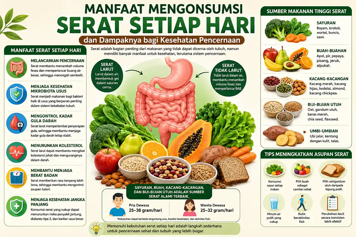 Infografis detail dampak konsumsi serat terhadap kesehatan organ pencernaan serta daftar sumber makanan tinggi serat alami.