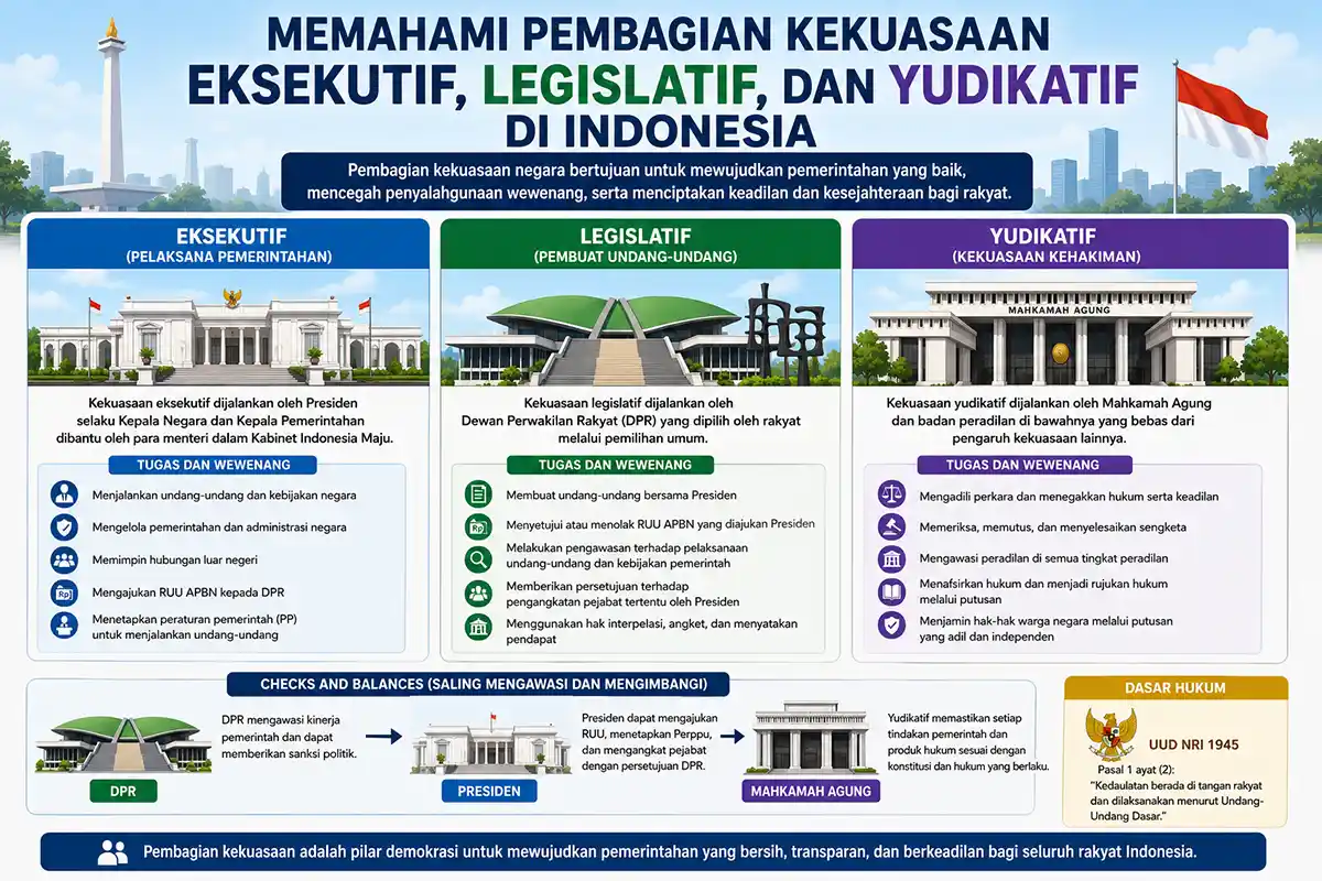 Infografis memahami pembagian kekuasaan, eksekutif, legislatif, dan dasar hukum antara DPR, DPD, dan yudikatif.