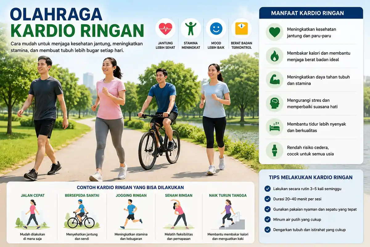 Infografis contoh olahraga kardio ringan seperti jalan cepat dan bersepeda beserta manfaatnya untuk stamina dan kesehatan.