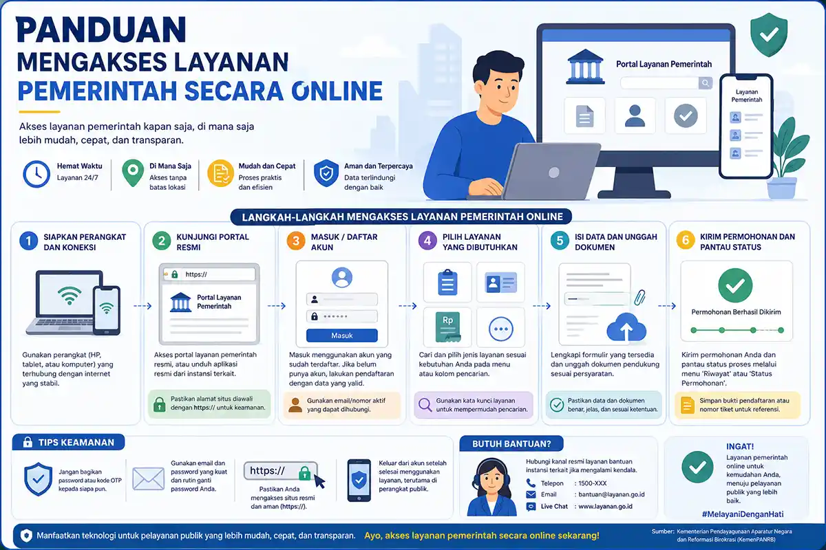 Infografis alur panduan langkah-langkah mengakses portal layanan publik pemerintah secara online.