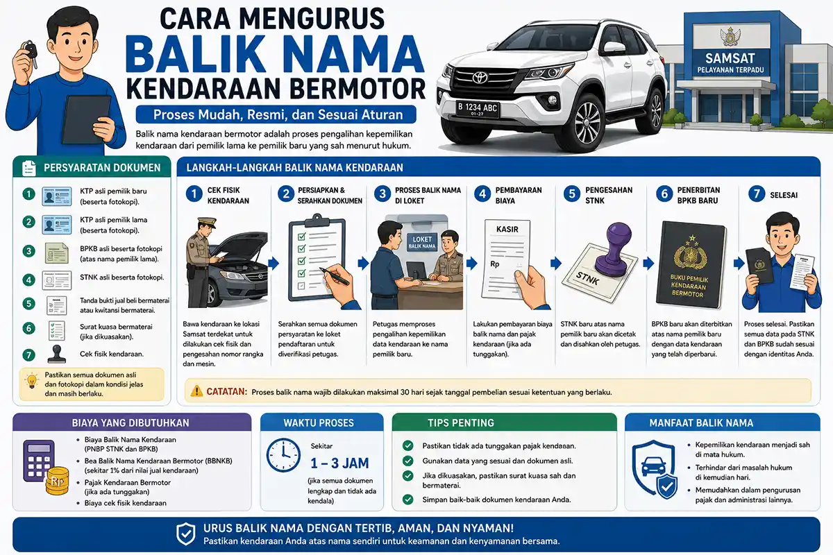 Infografis alur 7 langkah cara mengurus balik nama kendaraan bermotor beserta rincian syarat dokumen dan estimasi biaya.