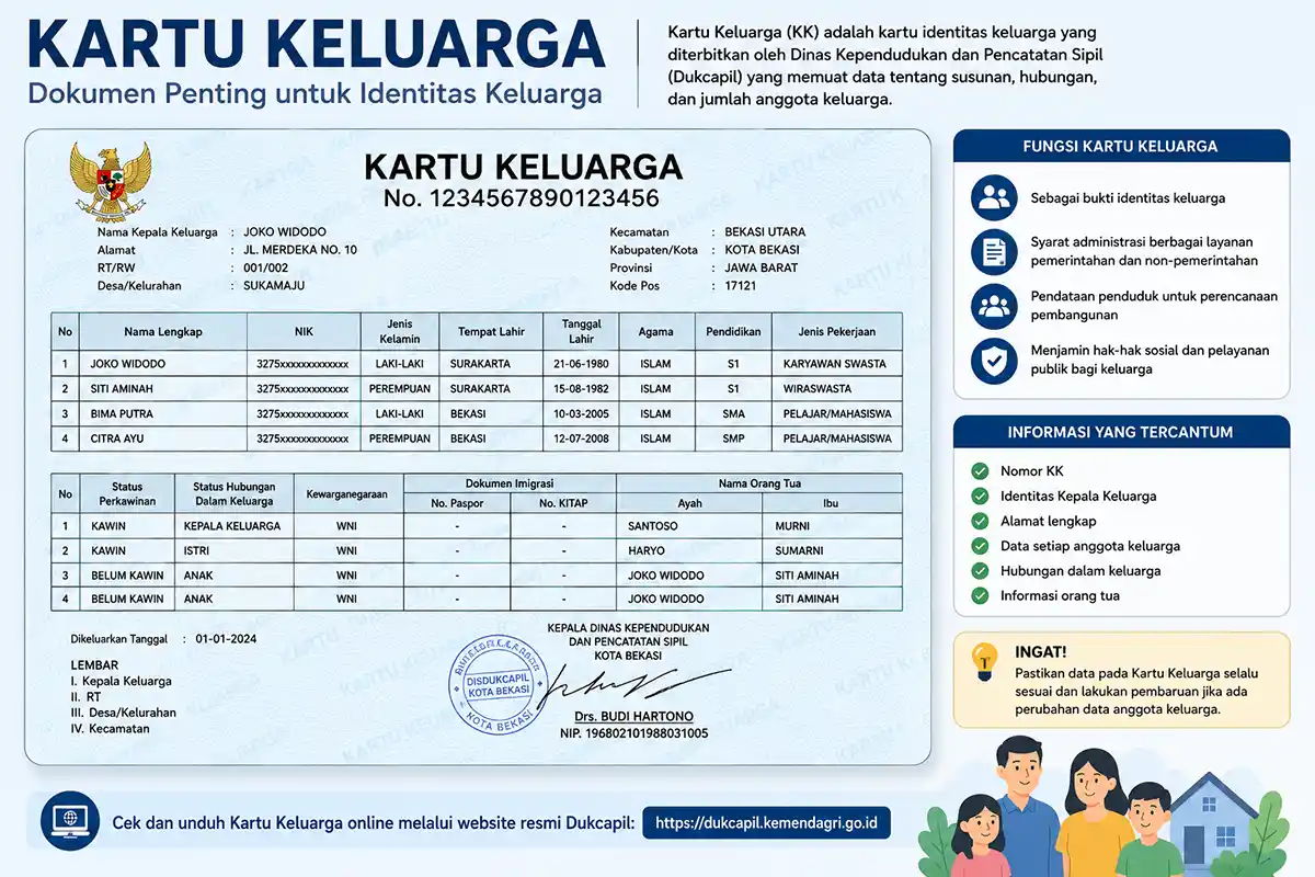 Contoh dokumen Kartu Keluarga KK Indonesia beserta penjelasan fungsi dokumen kependudukan dari Disdukcapil.