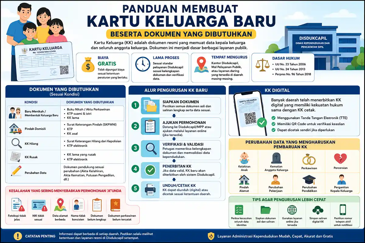 Infografis alur dan panduan membuat Kartu Keluarga baru lengkap dengan daftar dokumen persyaratan dan tips pengurusan di Disdukcapil.