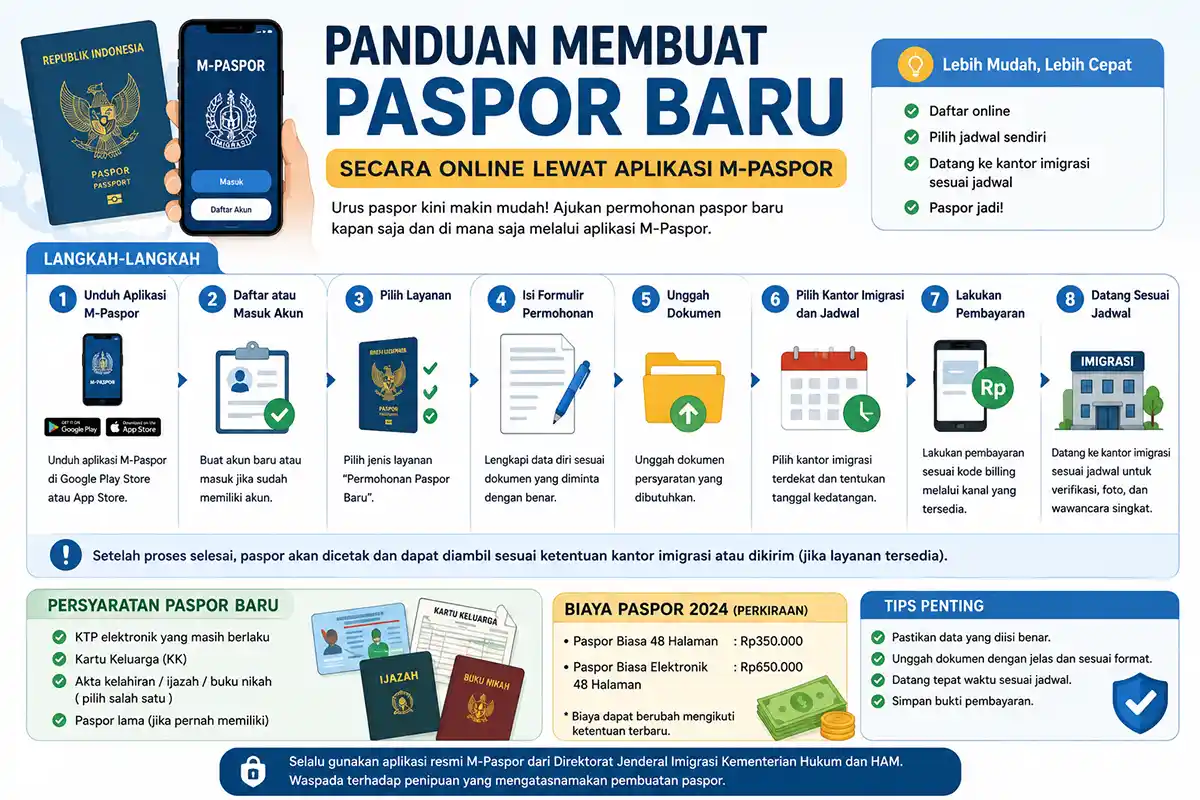 Infografis panduan lengkap cara membuat paspor baru secara online melalui aplikasi M-Paspor mencakup syarat dokumen, langkah pengurusan, dan biaya.