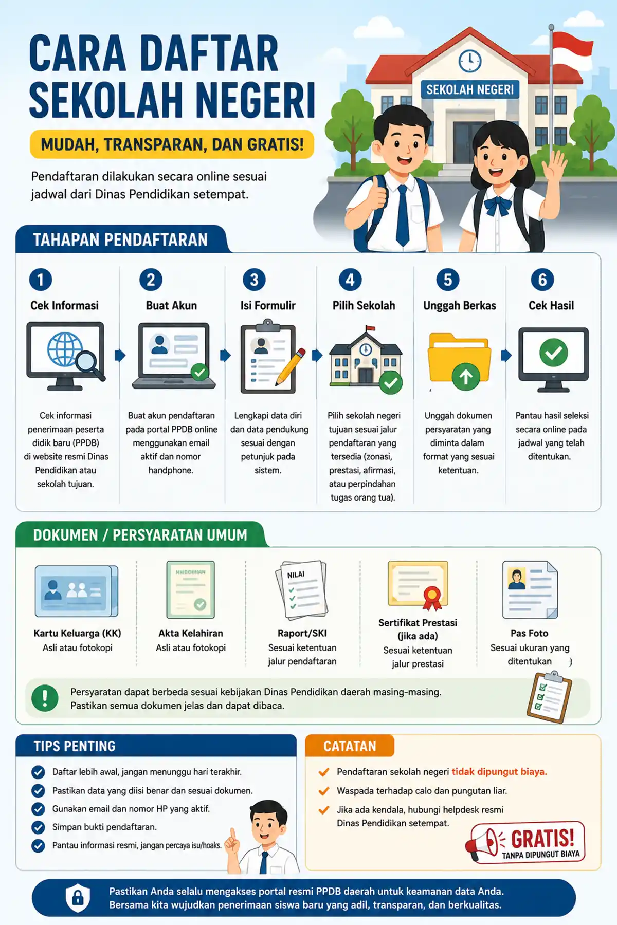 Infografis panduan pendaftaran sekolah negeri secara online.