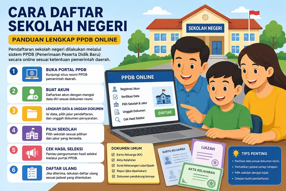 Ilustrasi cara daftar sekolah negeri online melalui PPDB dengan tahapan membuat akun, unggah dokumen, dan memilih sekolah
