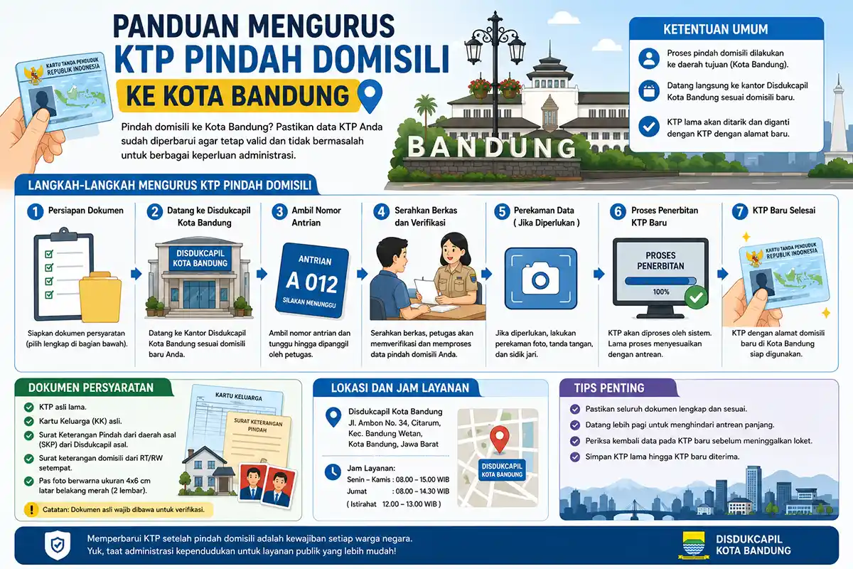 Infografis alur 7 langkah mengurus KTP pindah domisili ke Kota Bandung lengkap dengan syarat dokumen dan lokasi layanan.