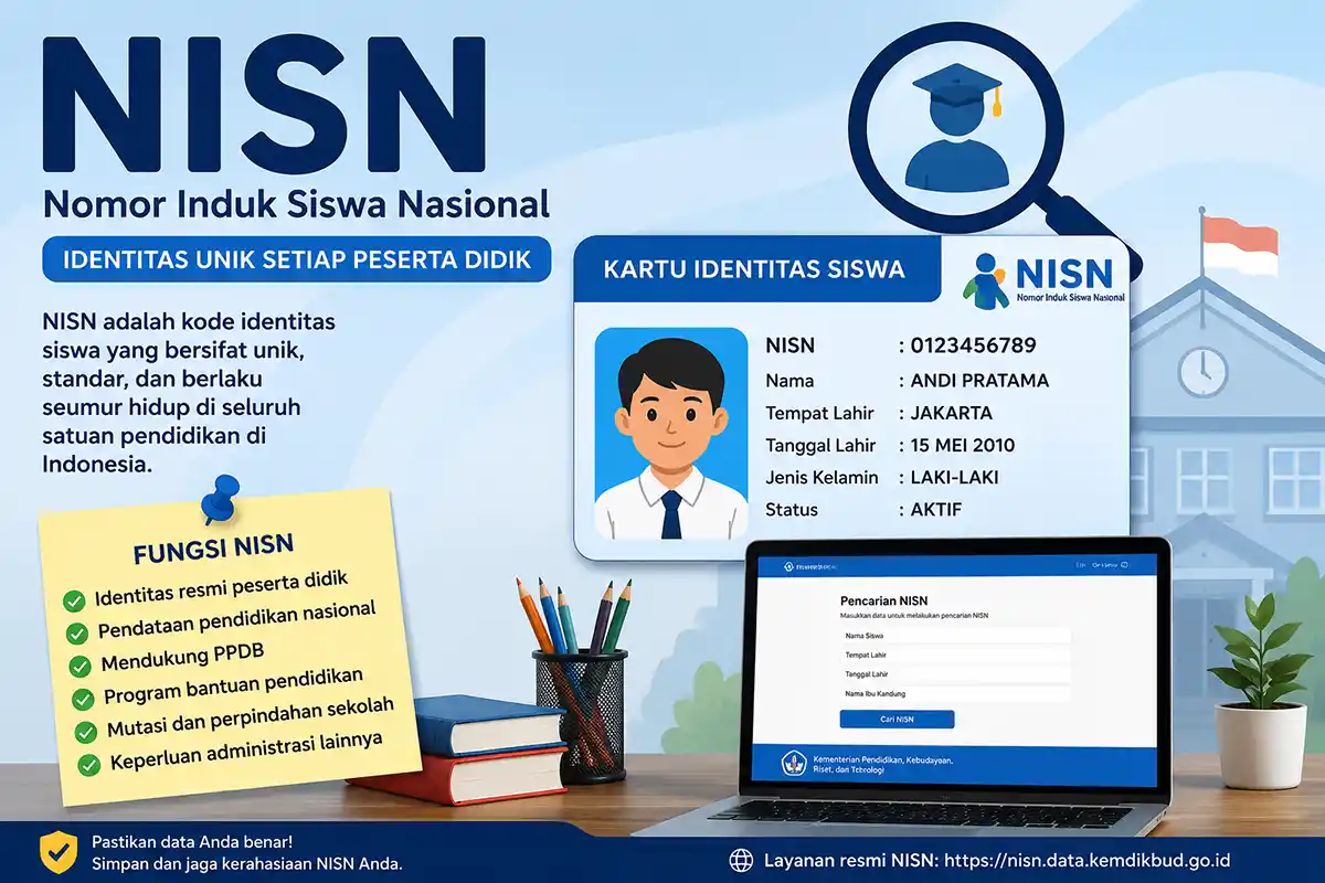 Ilustrasi kartu identitas siswa NISN dan laptop yang menampilkan halaman pencarian data peserta didik Kemdikbud Ristek.