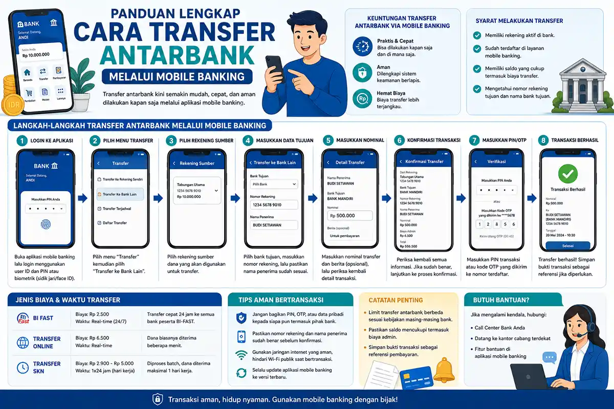 Infografis panduan lengkap 8 langkah cara transfer antarbank lewat mobile banking beserta tips aman transaksi.