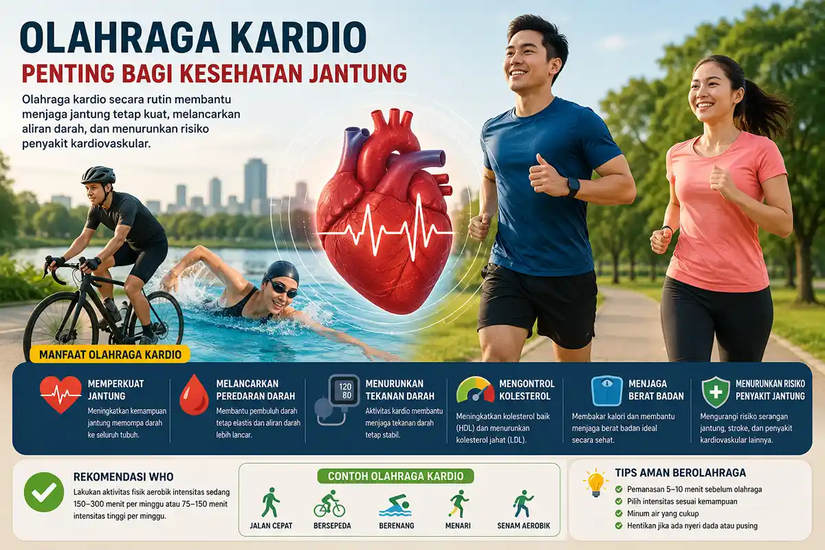 Ilustrasi pria dan wanita jogging di taman dengan elemen visual jantung untuk menjaga kesehatan kardiovaskular.