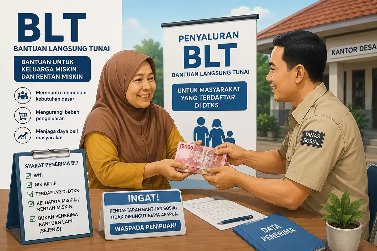 Ilustrasi petugas Dinas Sosial menyerahkan uang Bantuan Langsung Tunai BLT kepada warga di kantor desa.
