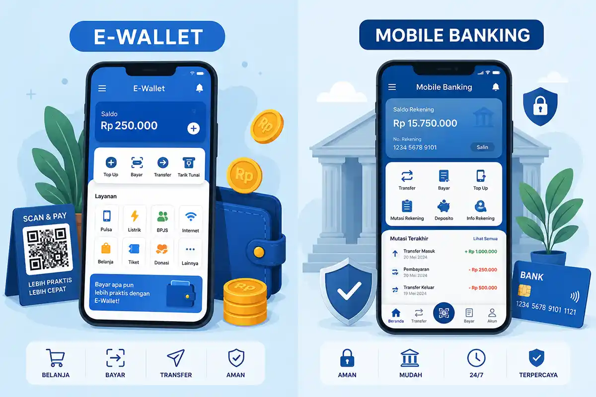Perbandingan visual antara antarmuka aplikasi e-wallet dan mobile banking pada dua layar smartphone.