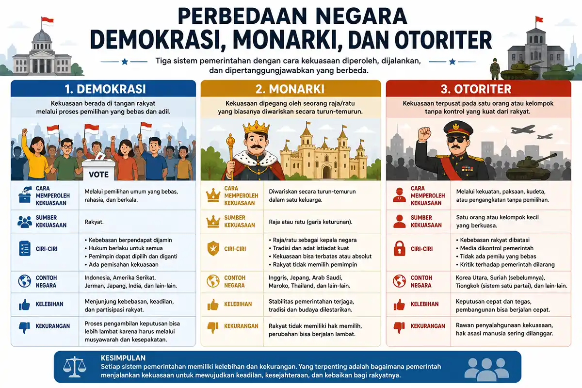 Infografis perbandingan sistem pemerintahan dunia meliputi demokrasi, monarki, dan otoriter lengkap dengan ciri, kelebihan, serta kekurangannya.