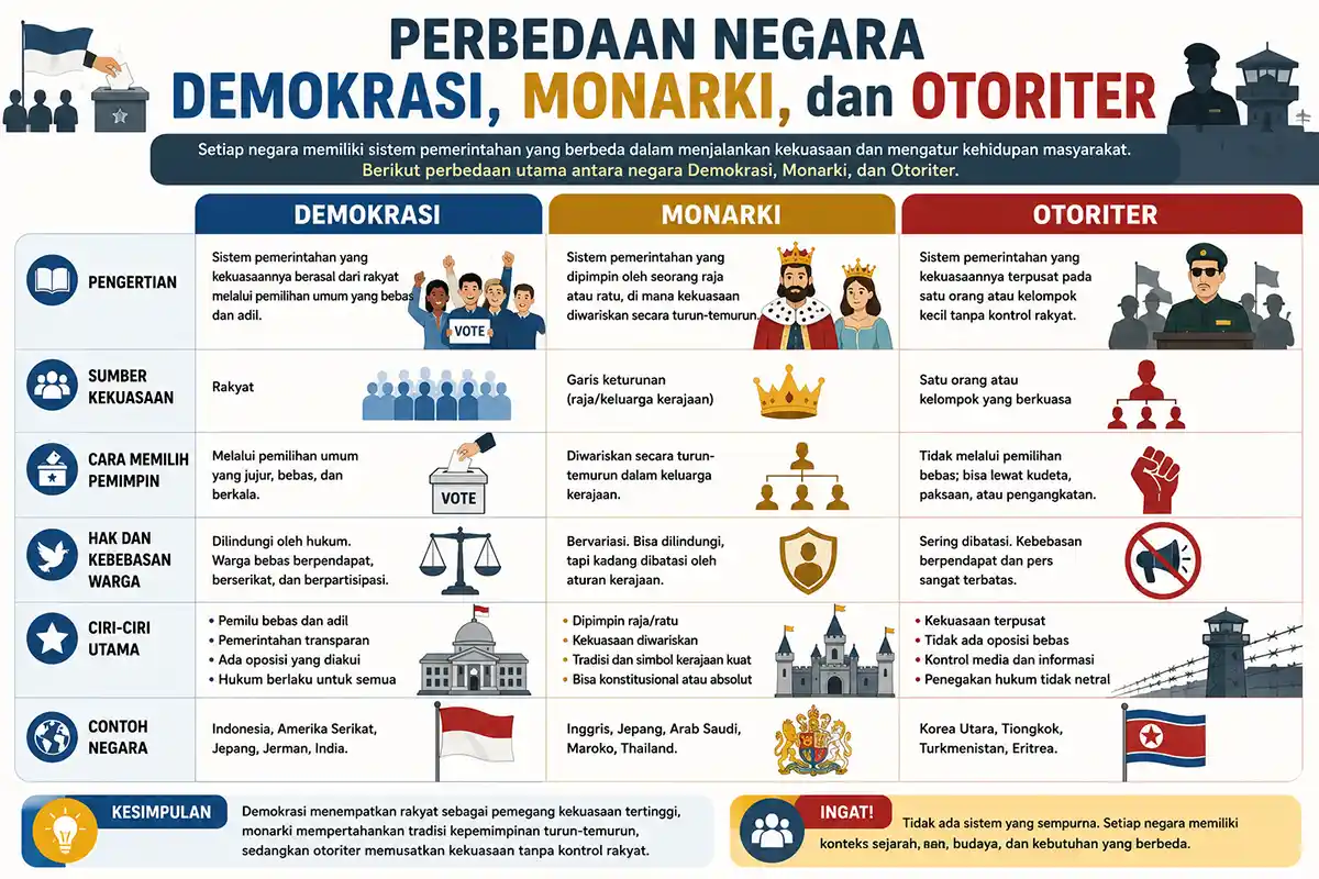Tabel perbedaan sistem negara demokrasi, monarki, dan otoriter berdasarkan hak warga negara, cara memilih pemimpin, dan contoh negaranya.