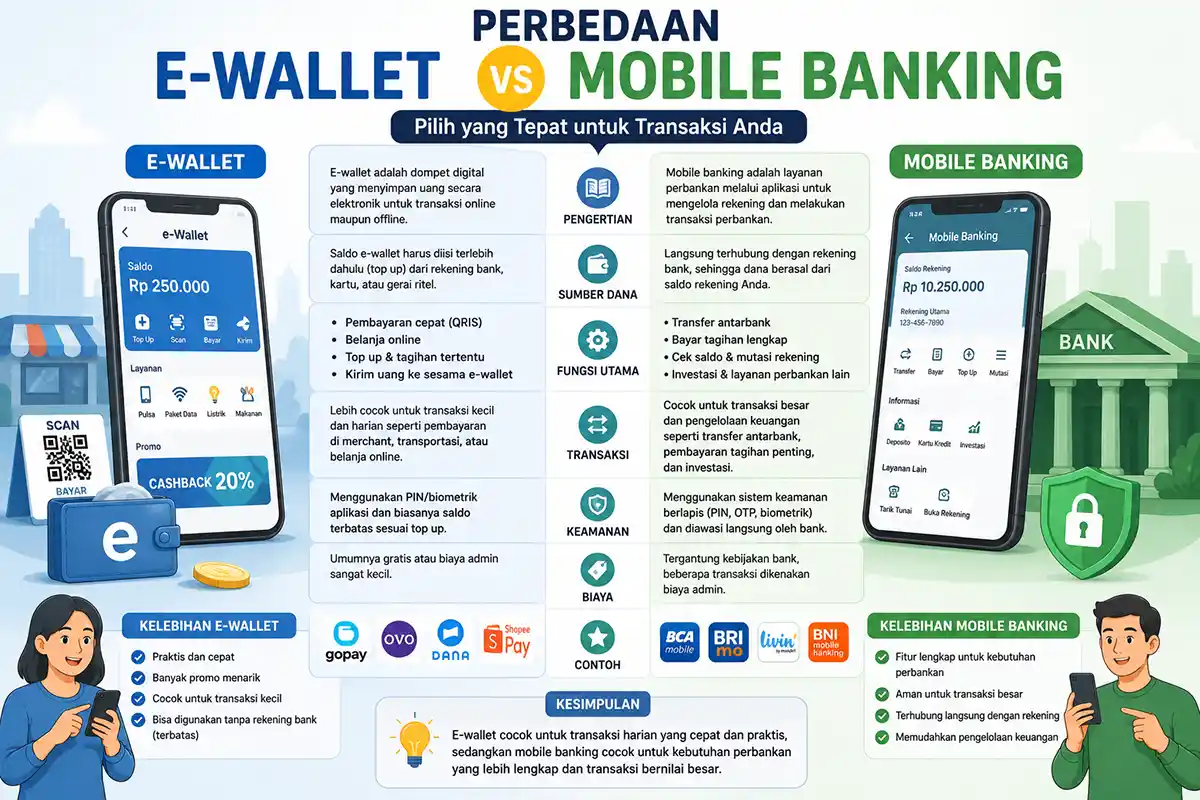 Infografis tabel perbedaan e-wallet vs mobile banking berdasarkan pengertian, sumber dana, keamanan, biaya, dan contoh aplikasinya.