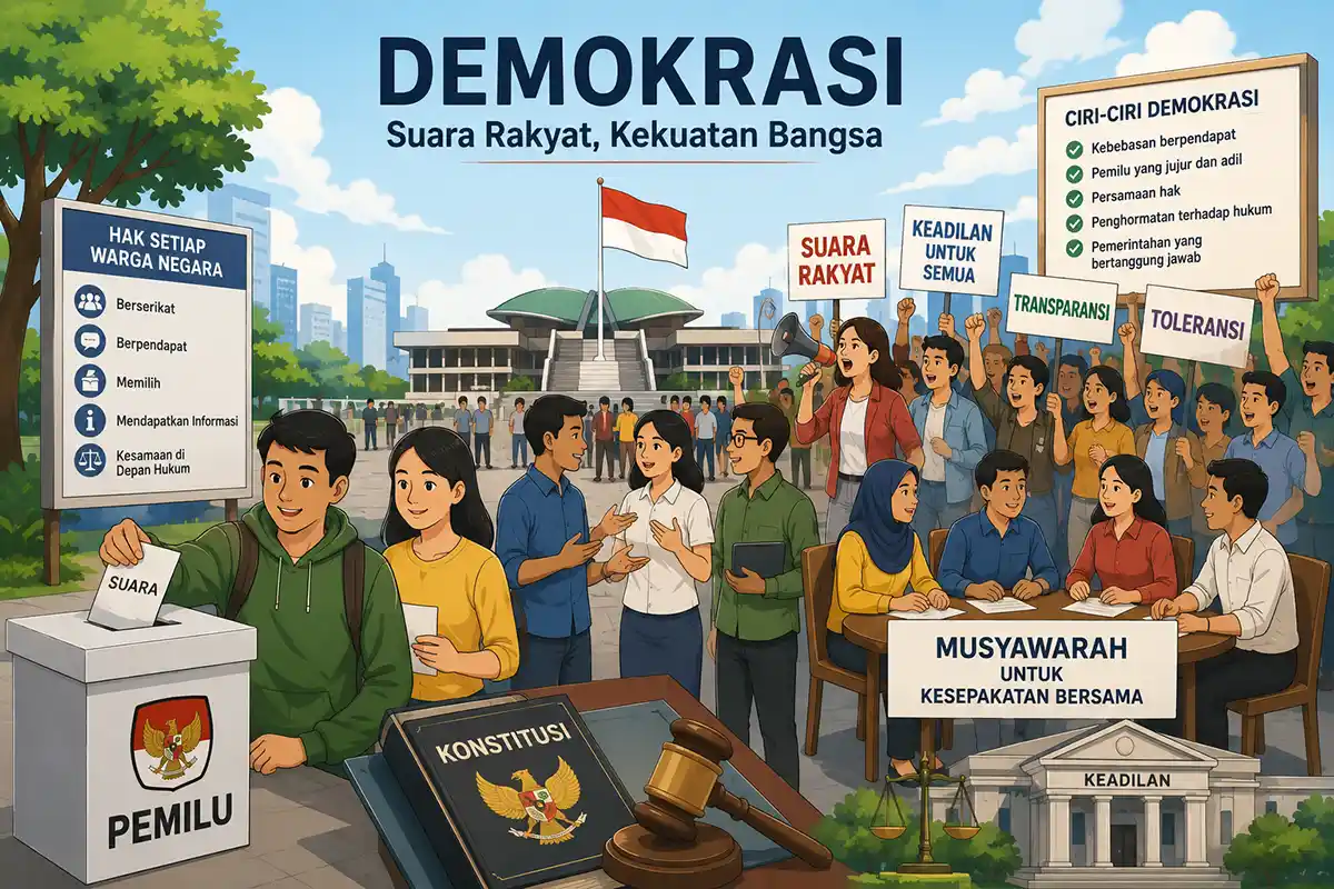 Ilustrasi penerapan demokrasi di Indonesia yang mencakup Pemilu, musyawarah warga, kebebasan berpendapat, dan konstitusi.