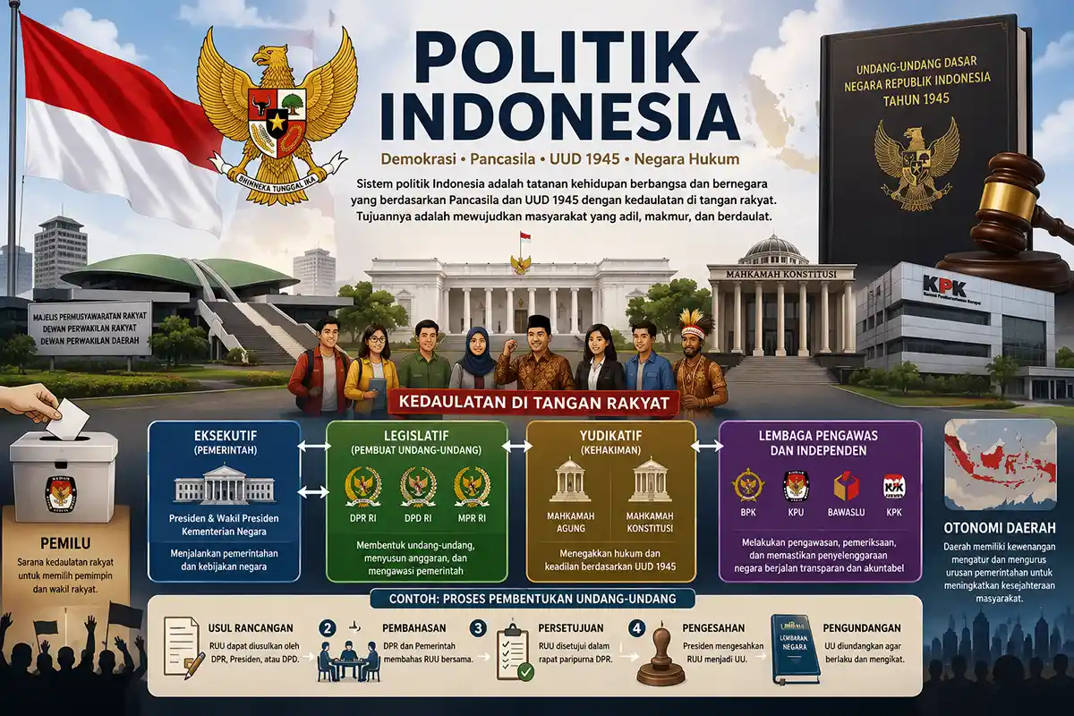 Ilustrasi sistem politik Indonesia menampilkan Lambang Garuda Pancasila, bendera Merah Putih, UUD 1945, serta representasi rakyat di depan Istana Negara.