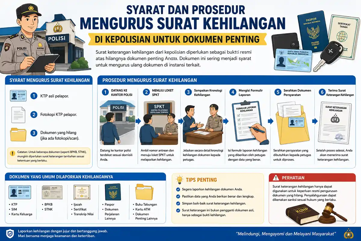 Infografis alur prosedur 6 langkah mengurus surat kehilangan dokumen penting di kantor polisi lengkap dengan syarat berkas.