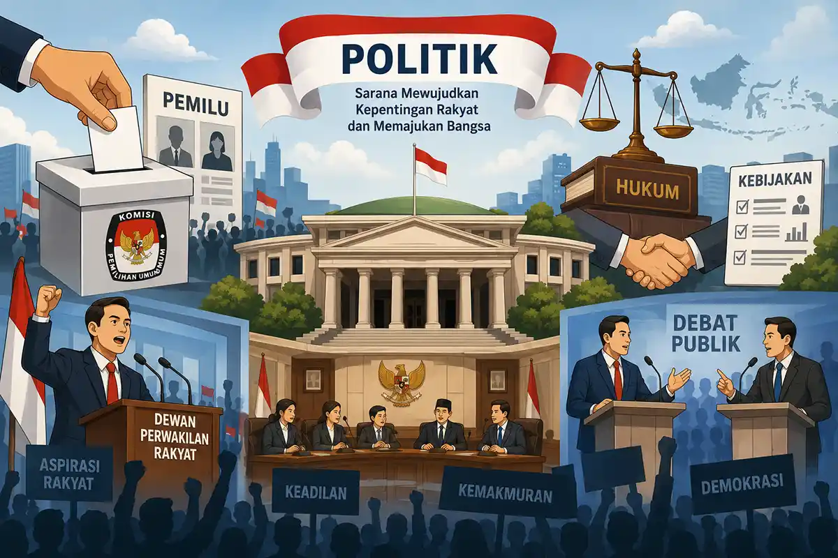 Ilustrasi proses politik, pemilu, hukum, dan partisipasi publik dalam sistem demokrasi Indonesia.