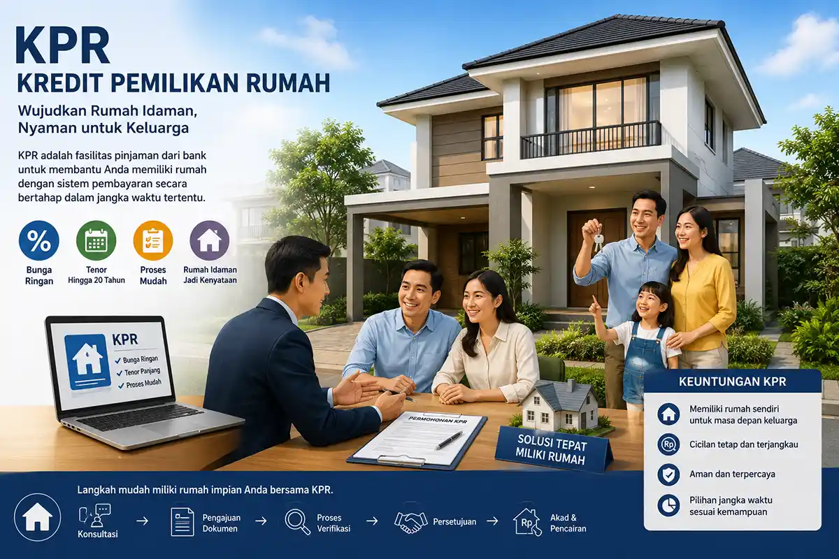 Infografis mekanisme permohonan KPR Kredit Pemilikan Rumah dan simulasi konsultasi dengan pihak perbankan.